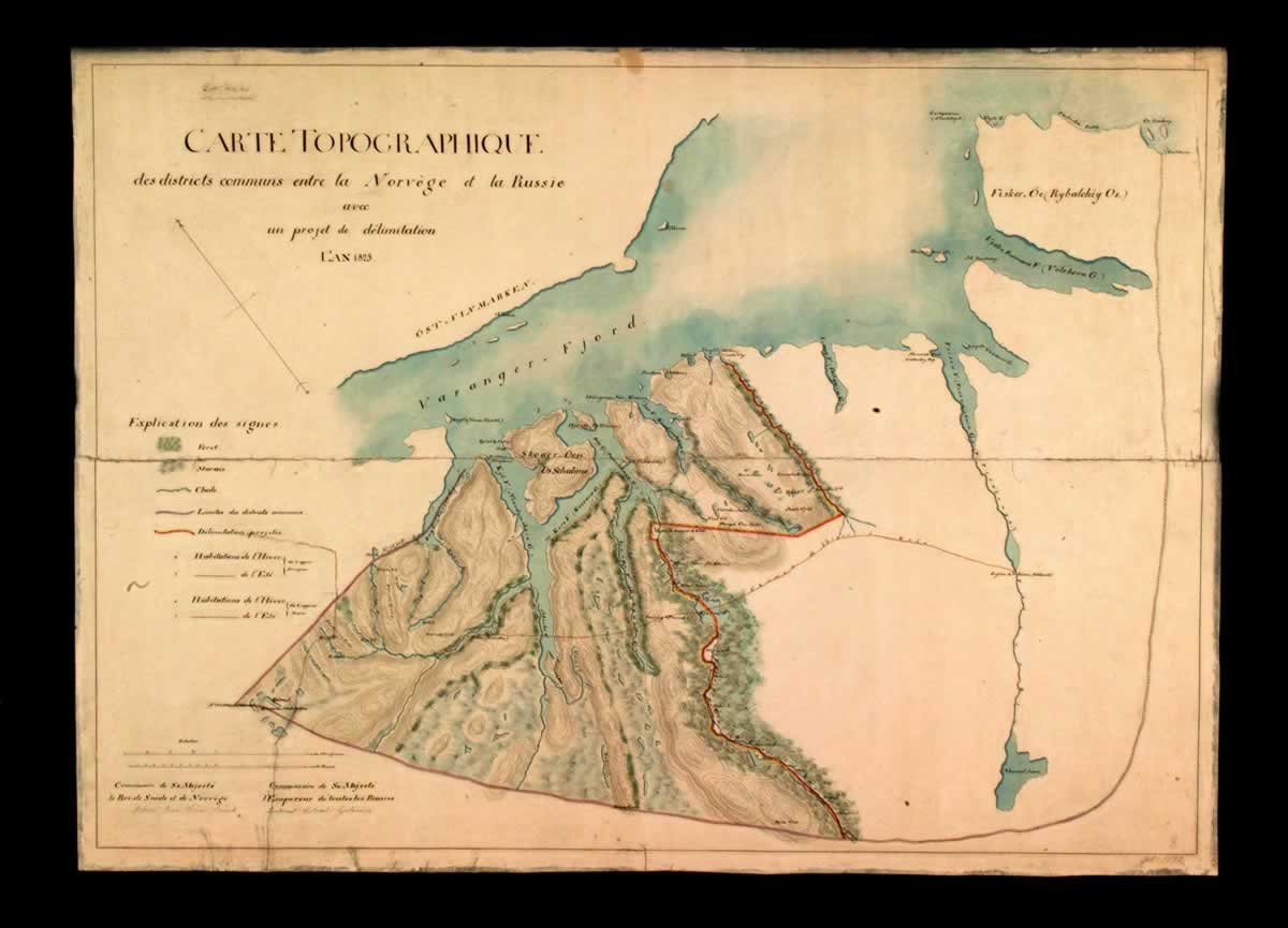 Карта российско-норвежской границы, сделанная по итогам работы совместной пограничной комиссии в 1825 году. Отмечен Борисоглебский выступ.