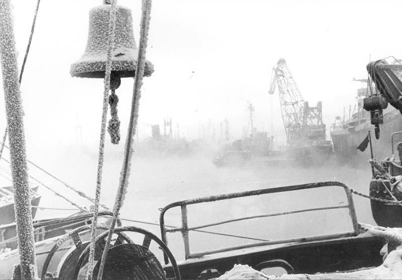 Морозный день, причалы рыбного порта в тумане 